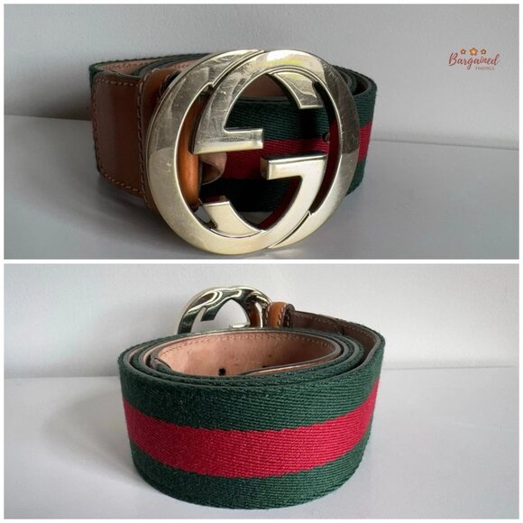 Authentic Gucci Red/Green Web Leather Gold Interlocking G Buckle Belt 90/36 - Picture 6 of 13
